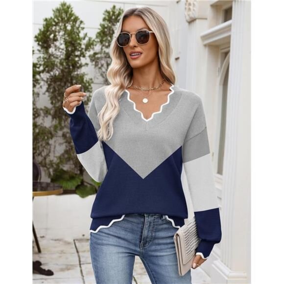 Women V Neck Sweater Fall 2025 Long Sleeve Lightweight Ribbed Knit Casual Top - Picture 3 of 7